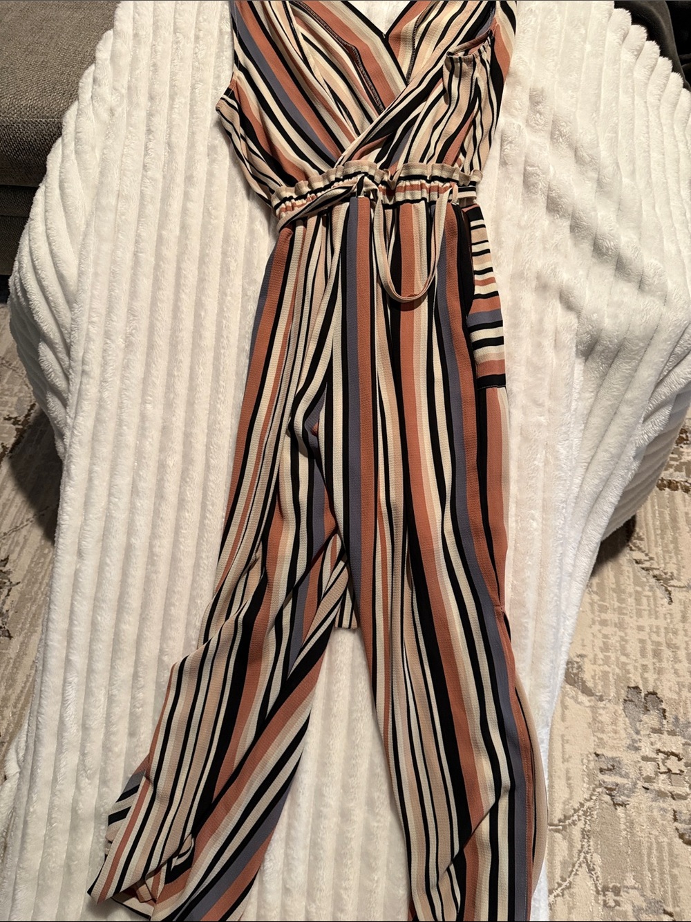 Monteau Striped Wrap Jumpsuit in Rust, Navy, Cream and Black